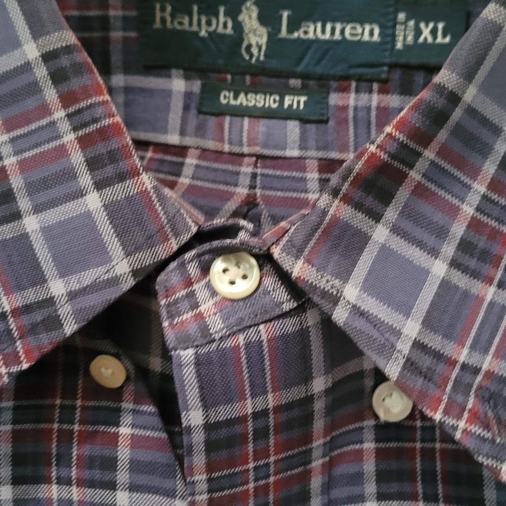 Ralph Lauren Men XL Classic Fit Plaid Blue and Maroon Long Sleeves Button Down - Picture 3 of 6